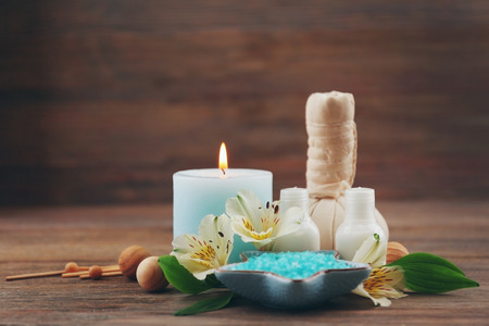 Spa still life in light blue color on wooden backgroundの写真素材