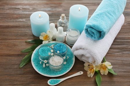 Spa still life in light blue color on wooden backgroundの写真素材