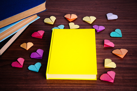 Heart bookmarks for books on wooden backgroundの写真素材