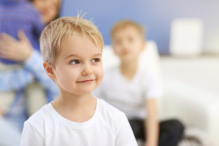 Portrait of cute boy in the room, close upの写真素材