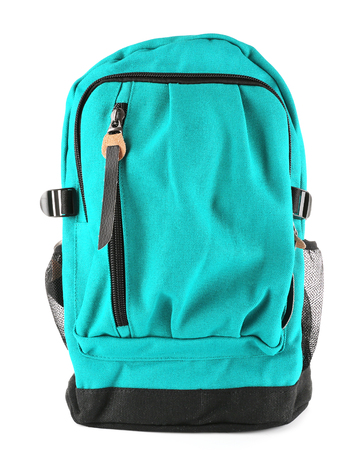 Green school bag, isolated on whiteの写真素材