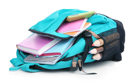 Backpack with school supplies, isolated on whiteの写真素材
