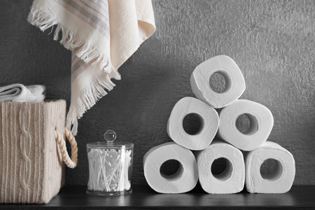 Bath accessories on grey wall backgroundの写真素材