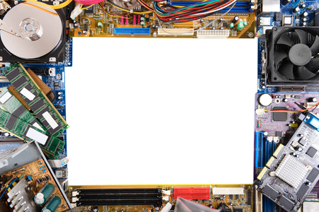 Frame with computer motherboards and hard disk on white background