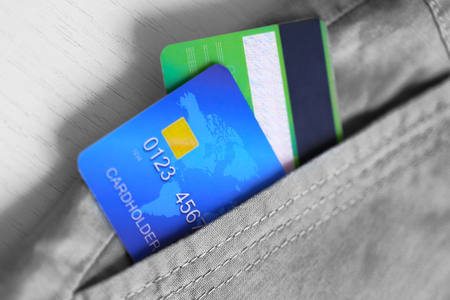 Credit cards in trouser pocket, close upの写真素材