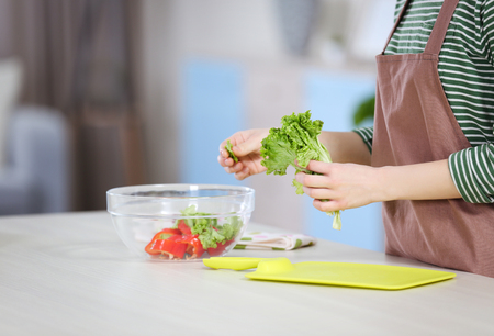 Young woman preparing vegetable salad in the kitchenの写真素材