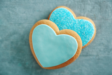 Blue love cookies on blue background, closeupの写真素材