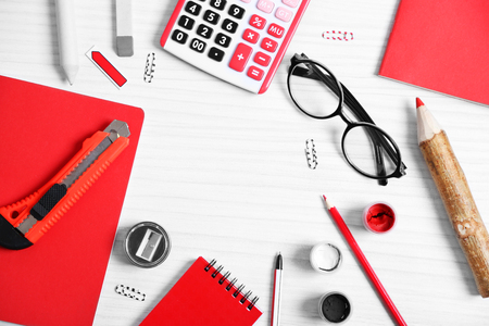 Set of stationery on white table, top viewの写真素材