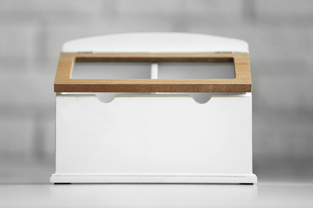 Kitchen box for coffee and sugar with sign on wooden table, closeupの写真素材