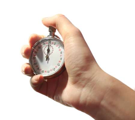 Stopwatch in hand isolated on white, close up
