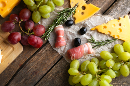 Different various of cheese and snacks, flat layの写真素材