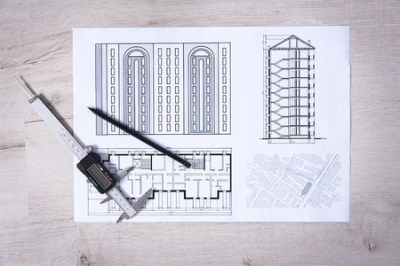 Project drawing and digital ruler, top viewの写真素材