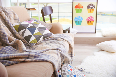 Modern living room design with big sofaの写真素材