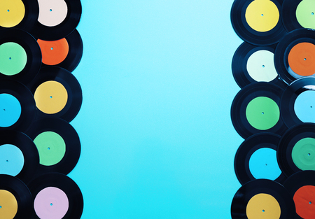 Vinyl records on blue backgroundの写真素材