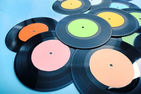 Vinyl records on blue backgroundの写真素材