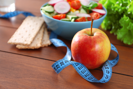 Vegetable salad on wooden table closeupの写真素材