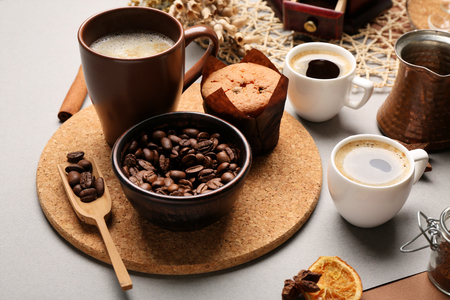 Still life of aromatic coffee on table closeupの写真素材