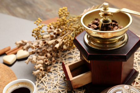 Still life of aromatic coffee on table closeupの写真素材