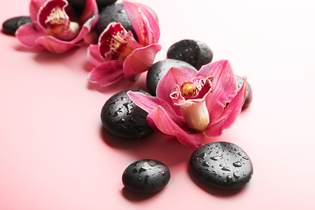 Spa stones and red orchid on pink backgroundの写真素材
