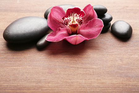 Stones and red orchid on wooden backgroundの写真素材