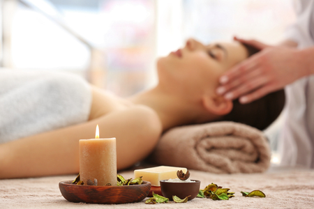 Spa set with aroma candle and soapの写真素材