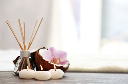 Spa set with coconut, aroma stick and candlesの写真素材