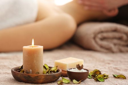 Spa set with aroma candle and soapの写真素材