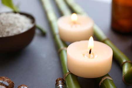 Beautiful composition of spa treatment on grey backgroundの写真素材