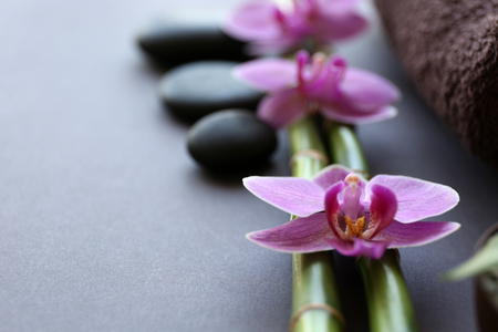Beautiful composition of spa treatment on grey backgroundの写真素材