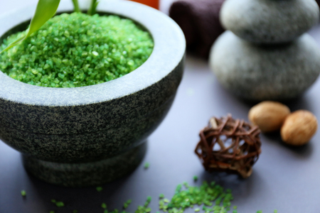 Beautiful composition of spa treatment on grey backgroundの写真素材