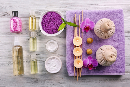 Spa treatment on wooden backgroundの写真素材