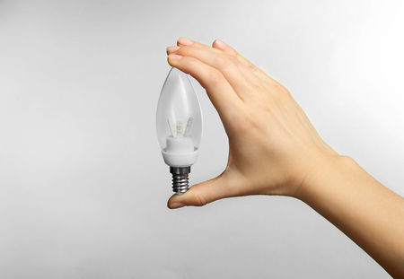 Woman hand holding bulb on grey backgroundの写真素材