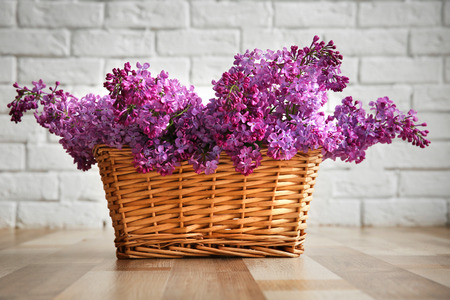 Purple lilac flowers in a basket on white brick wall backgroundの写真素材