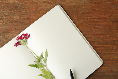 Beautiful dried blossoms in notebook on wooden backgroundの写真素材