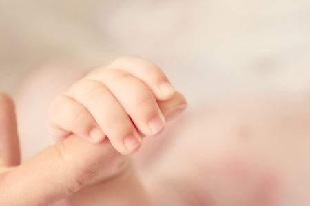 Child hand holding parent hand, closeupの写真素材