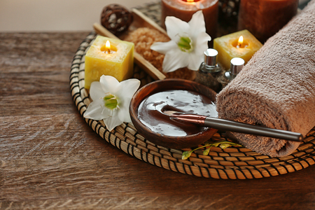 Spa chocolate set with candles on blurred backgroundの写真素材