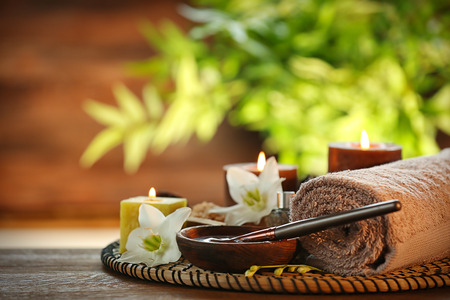 Spa chocolate set with candles on blurred backgroundの写真素材