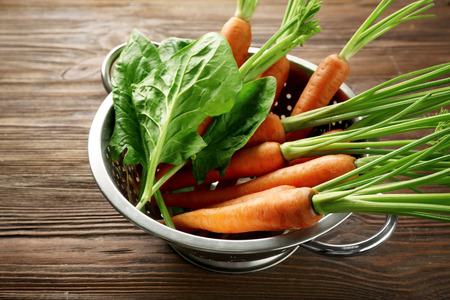 Carrots with sorrel in colander on wooden tableの写真素材