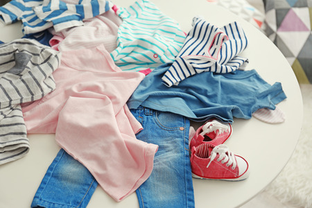 Baby clothes on a table, close upの写真素材