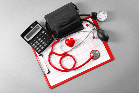Stethoscope and tonometer on tableの写真素材