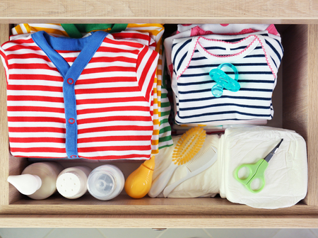 Baby accessories for hygiene in the drawerの写真素材