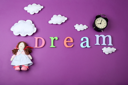 Sleep concept with accessories on color backgroundの写真素材