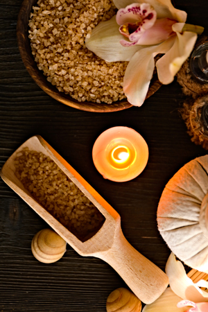 Beautiful spa composition on dark tableの写真素材
