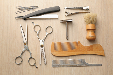 Vintage tools of barber shop on wooden backgroundの写真素材