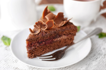 Delicious chocolate cake on plateの写真素材