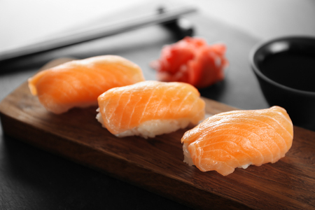 Sushi set on wooden board, close upの写真素材