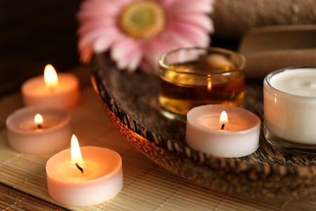 Composition of spa treatments and gerbera flowerの写真素材