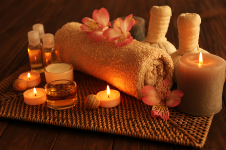 Composition of spa treatments and Alstoroemeria flowersの写真素材