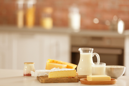 Dairy products on kitchen tableの写真素材