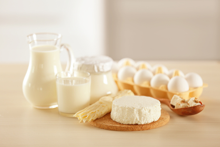 Dairy products on kitchen tableの写真素材